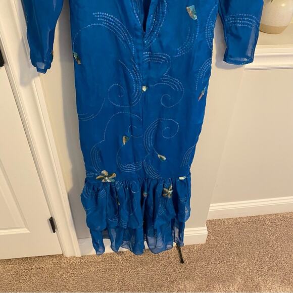 Vintage Handmade Blue Embellished Long Sleeve Mermaid Maxi Gown Small - Picture 9 of 15